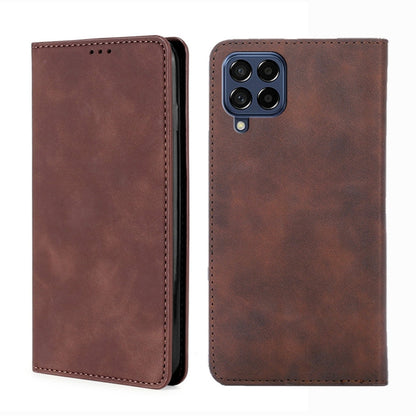Magnetic leather flip phone case, dark brown, with camera cutout and stitched edges