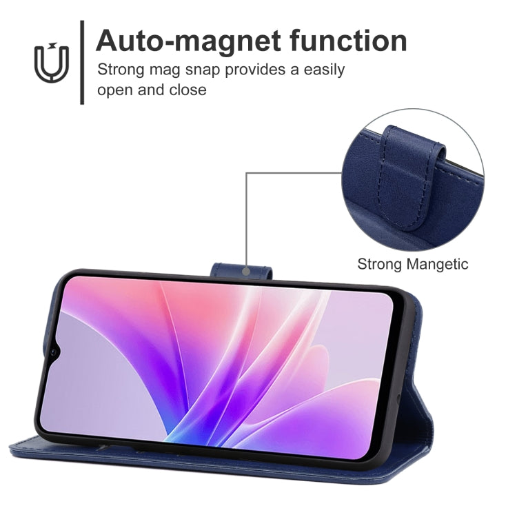 Blue leather phone wallet case with flip stand for viewing
