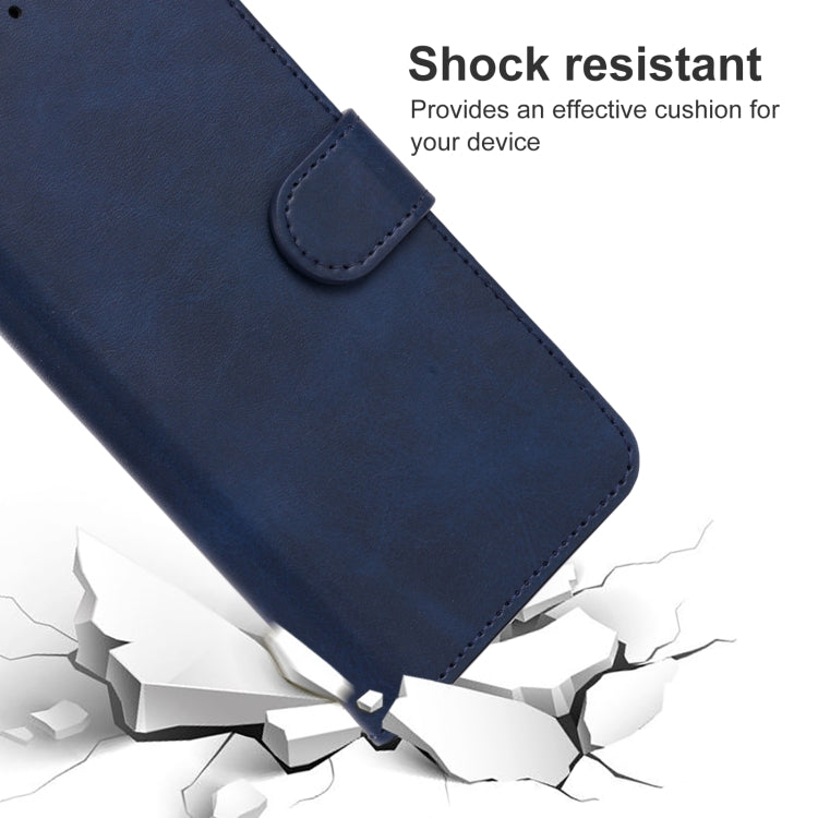Blue leather phone wallet case with stitched flip strap and protective cover