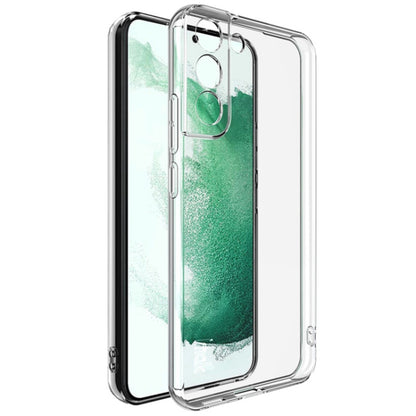Clear TPU protective phone case with camera and button cutouts, raised rim
