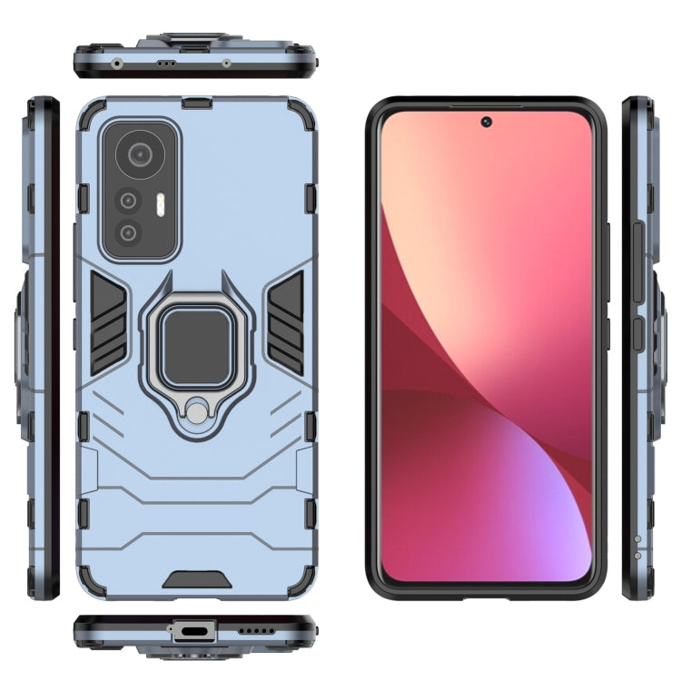 Shockproof navy blue phone case with magnetic ring holder, front and back views
