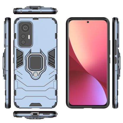 Shockproof navy blue phone case with magnetic ring holder, front and back views