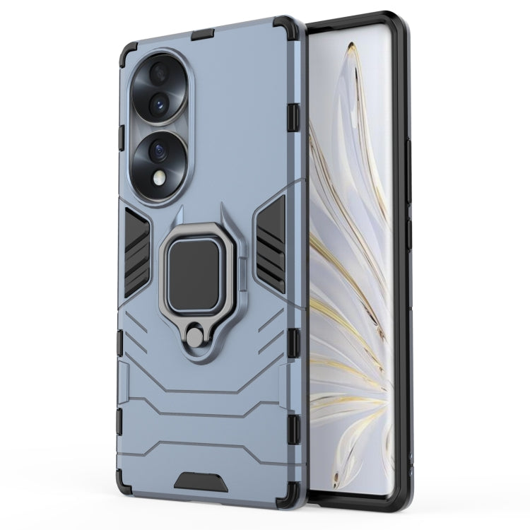 Shockproof phone case with magnetic ring holder, navy blue, back and front view