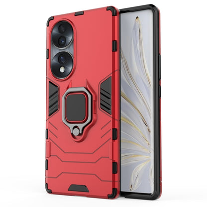 Shockproof phone case with magnetic ring holder, red TPU+PC, back and front view