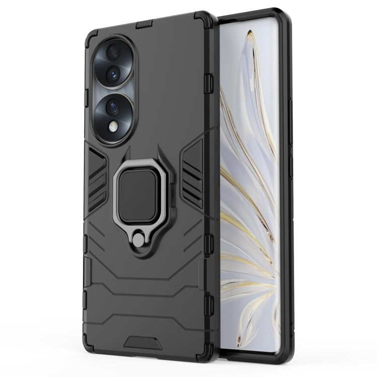 Shockproof phone case with magnetic ring holder in dark charcoal, rugged TPU/PC