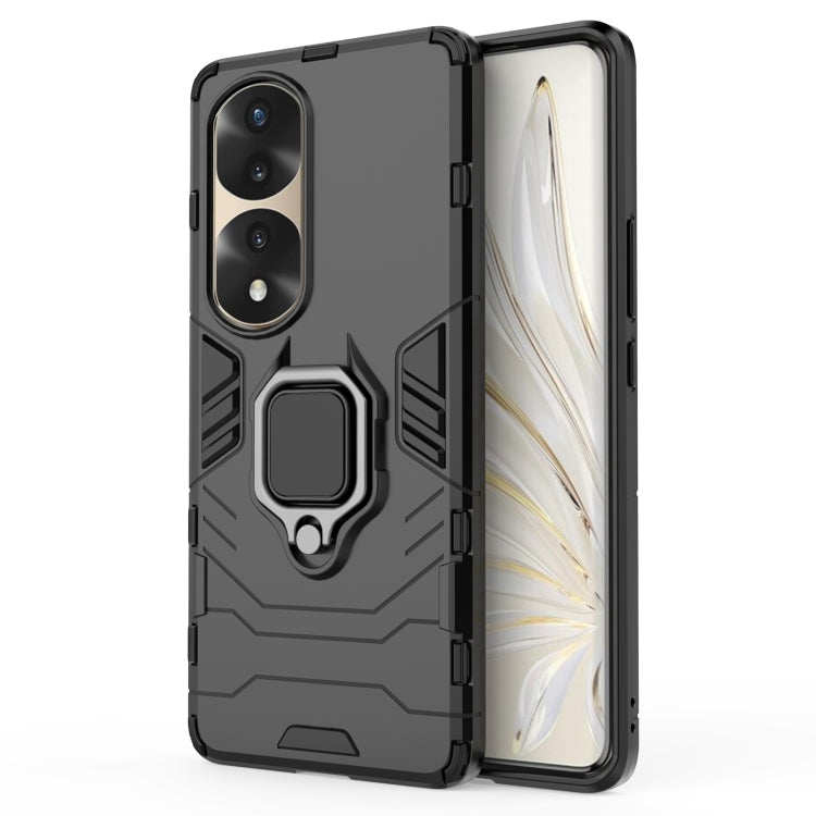 Shockproof phone case with magnetic ring holder in black, rugged TPU/PC