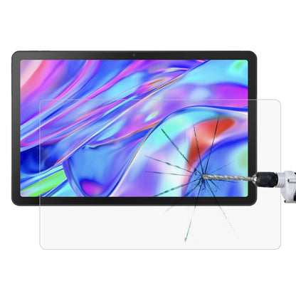 Explosion-proof tempered tablet glass screen protector film on tablet, impact cracks visible