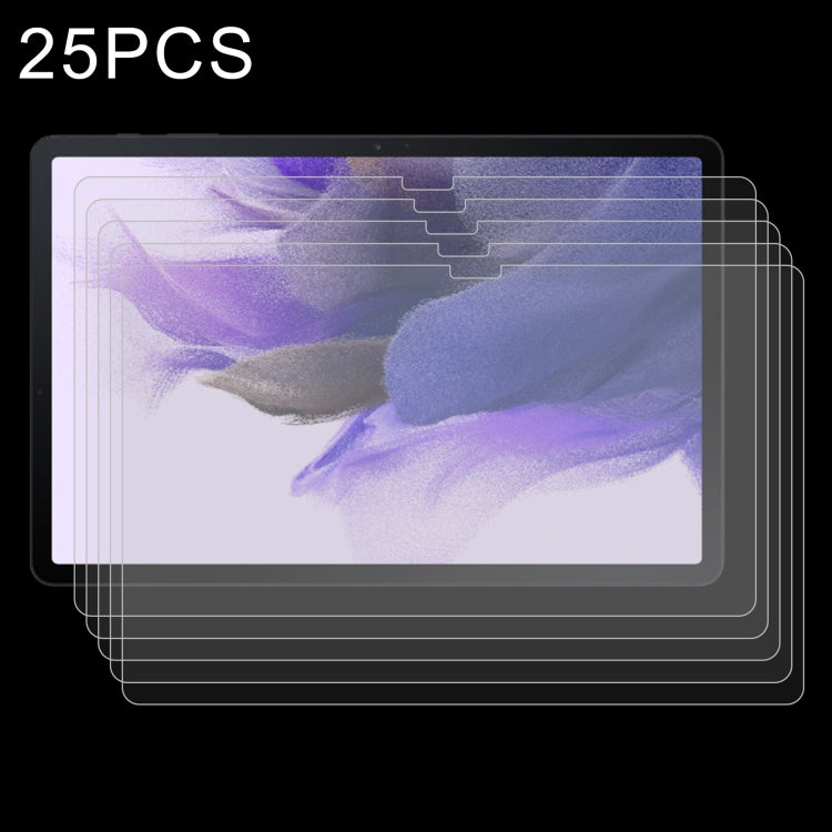 Tablet tempered glass screen protectors, 25-pack; clear film stack with purple artwork