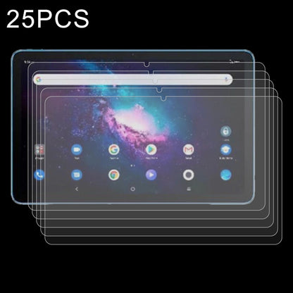 Tablet tempered glass screen protectors, 25-pack; clear film over galaxy wallpaper