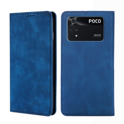 Magnetic flip leather phone case, blue, with phone camera window and stitched trim