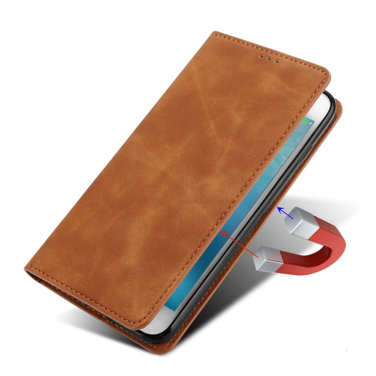 Magnetic flip leather phone case, light brown, with magnetic closure and phone display