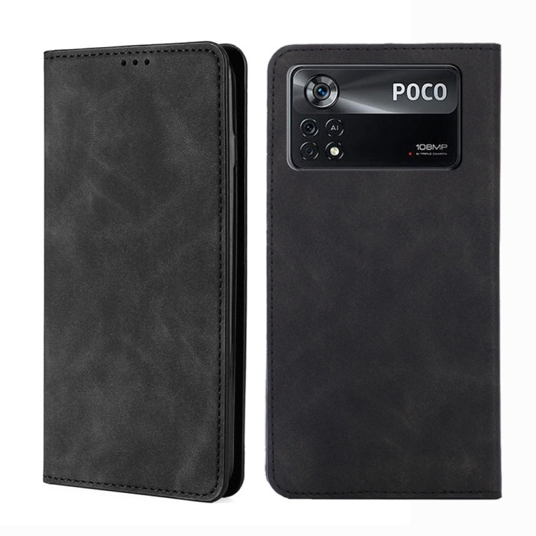 Magnetic flip leather phone case, black, with camera window and POCO branding on back