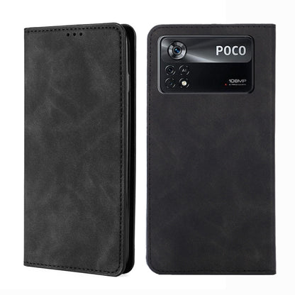 Magnetic flip leather phone case, black, with camera window and POCO branding on back