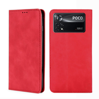 Magnetic flip leather phone case, red, with rear camera window and stitched flap edges