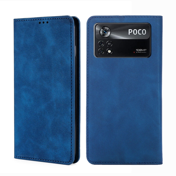 Magnetic flip leather phone case, blue, with camera window and rear cutouts