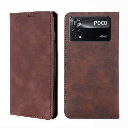 Magnetic flip leather phone case, dark brown, with camera cutout and stitched border