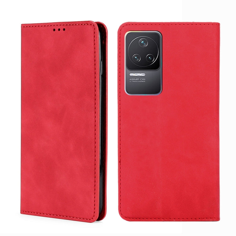 Magnetic flip leather phone case, red, with camera cutout and stitched side border