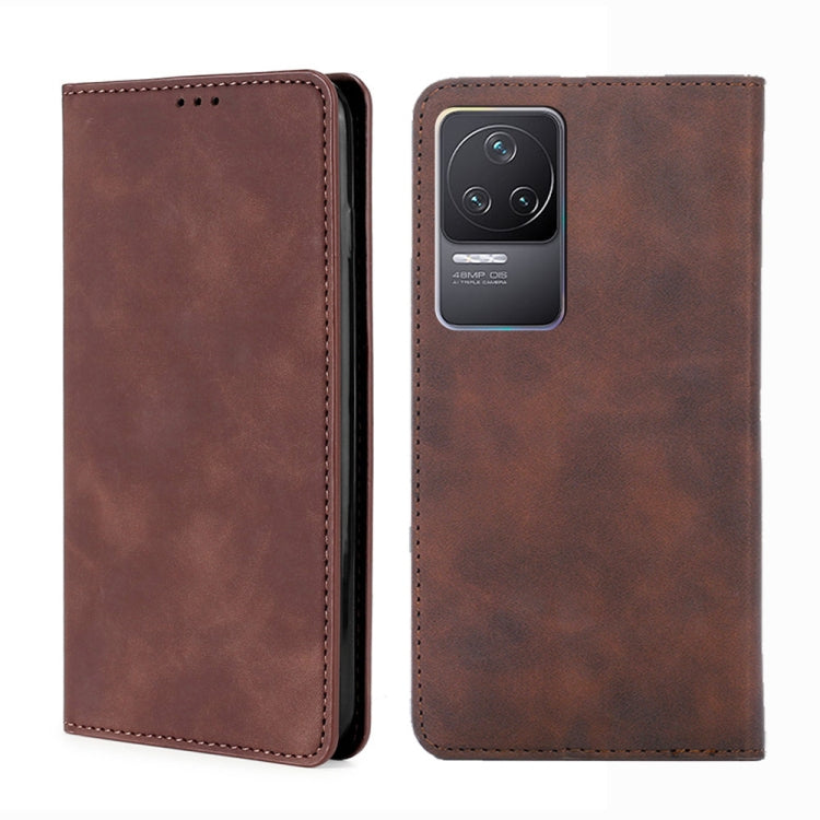 Magnetic flip leather phone case, dark brown, with front cover and camera opening