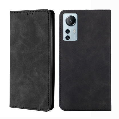 Black leather flip phone case with stitched edges and camera cutout on the back shell