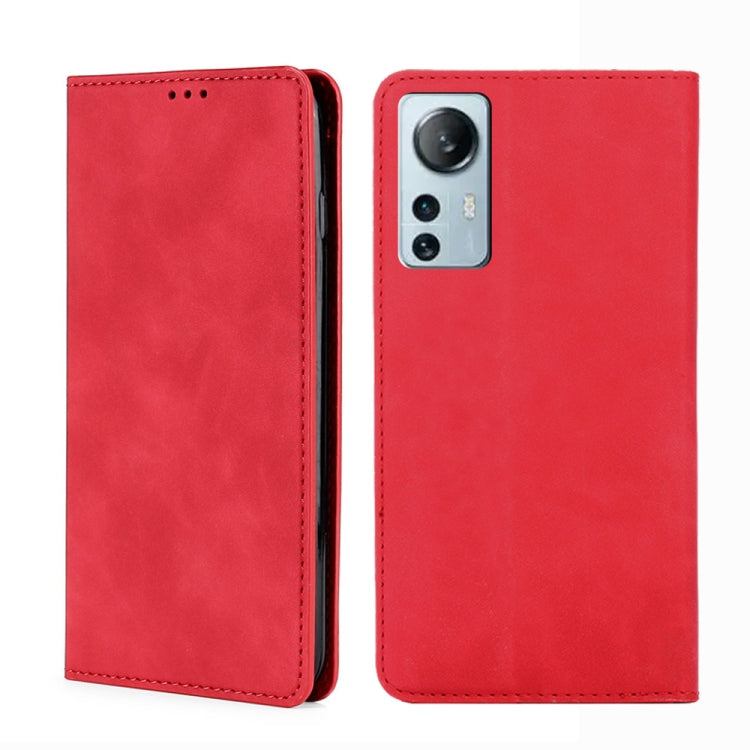 Red leather flip phone case with stitched edges and camera cutout on the back shell