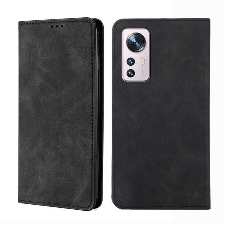 Black leather flip phone case with stitched edges and camera cutout on the back shell