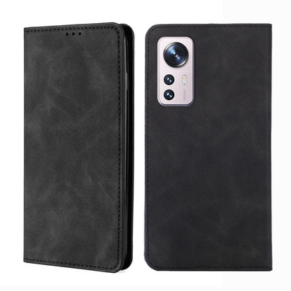 Black leather flip phone case with stitched edges and camera cutout on the back shell
