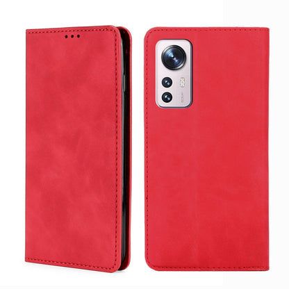 Red leather flip phone case with stitched edges and camera cutout on the back shell