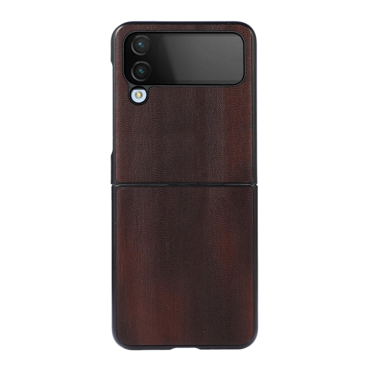 Brown PU phone case with textured finish and cutouts for cameras and flash