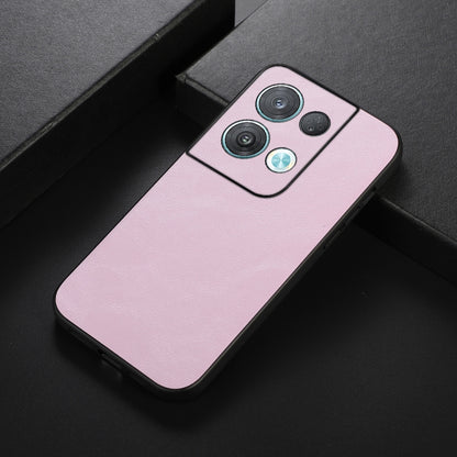 Pink cowhide-texture PU phone case angled view, with camera cutouts