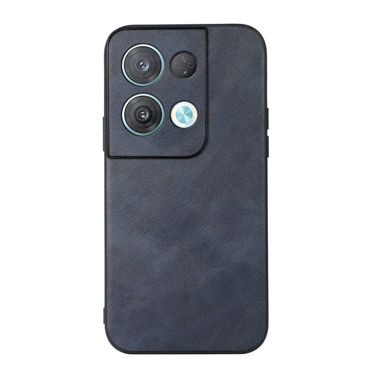 Cowhide-texture PU phone case, dark blue, camera cutout with flash and lenses visible