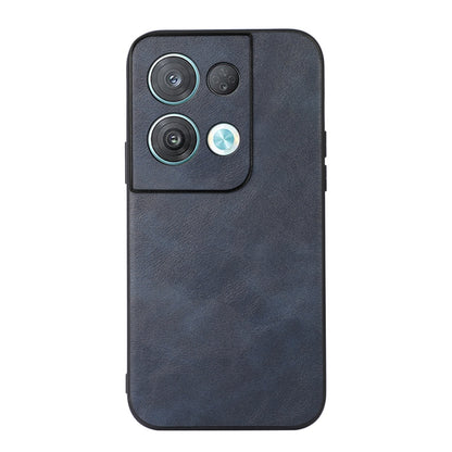 Cowhide-texture PU phone case, dark blue, camera cutout with flash and lenses visible