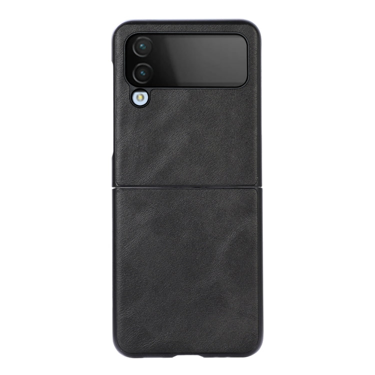 Cowhide-texture PU phone case, black, two-panel design with camera and flash openings