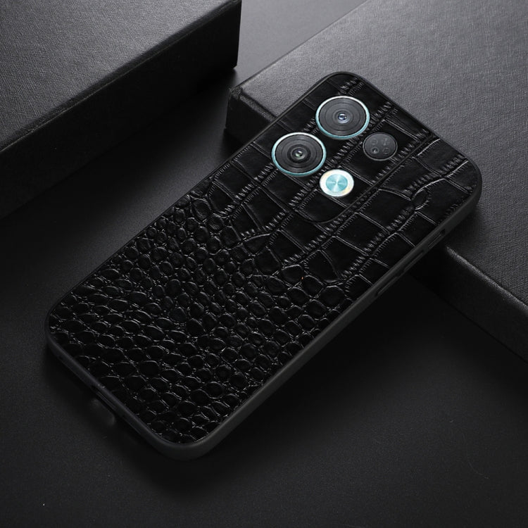 Black crocodile-texture leather phone case with camera cutouts, angled view