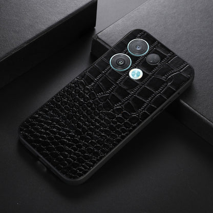 Black crocodile-texture leather phone case with camera cutouts, angled view