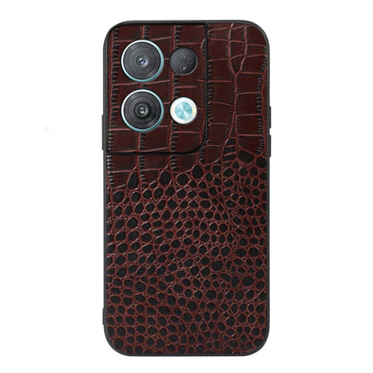 Brown crocodile-pattern leather phone case with triple camera cutouts and flash opening