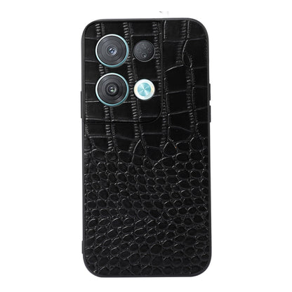 Black crocodile-texture leather phone case with camera cutouts, front view