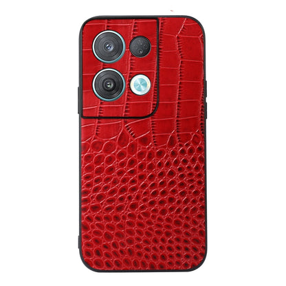 Red crocodile-texture leather phone case with camera cutouts, front close-up