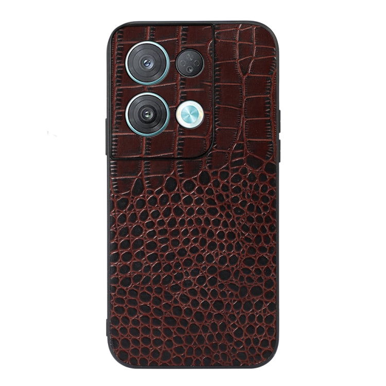 Brown crocodile leather phone case, front camera lenses visible through cutouts