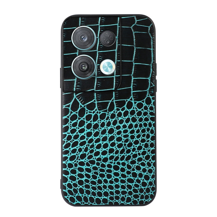 Cyan crocodile-pattern leather phone case with raised camera area and lens openings