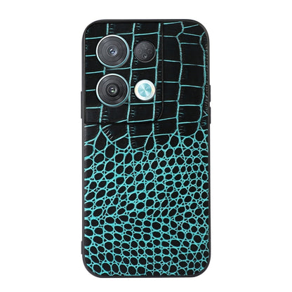 Cyan crocodile-pattern leather phone case with raised camera area and lens openings