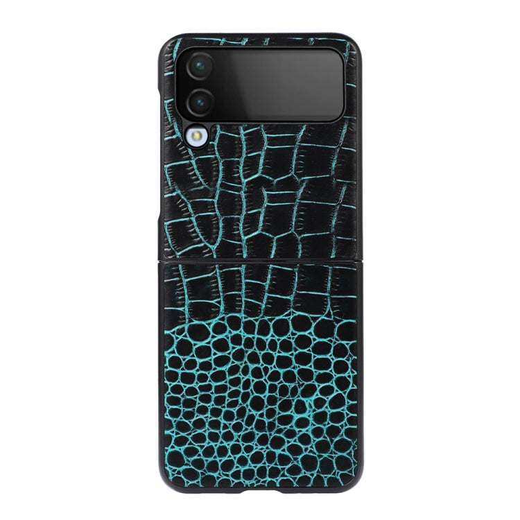 Cyan crocodile-pattern leather phone case with camera cutouts, side view