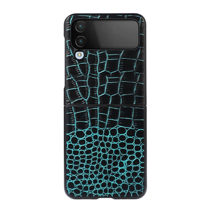 Cyan crocodile-pattern leather phone case with camera cutouts, side view