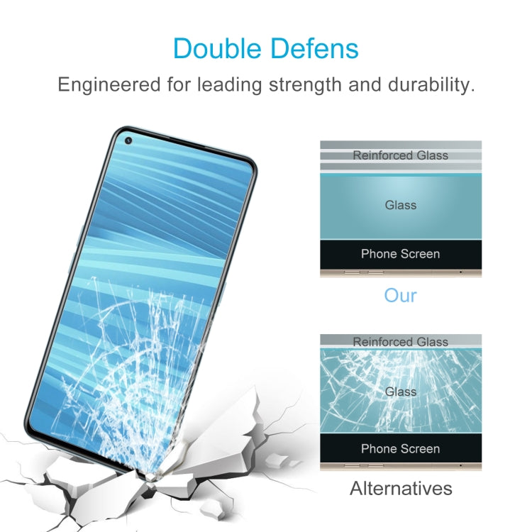 Tempered glass screen protector film with reinforced glass layer and shatter impact illustration