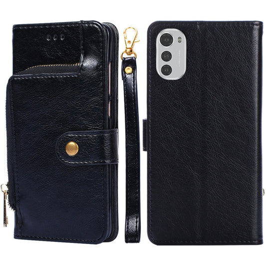 Black leather folio phone case with zipper and flip card slots, gold accents