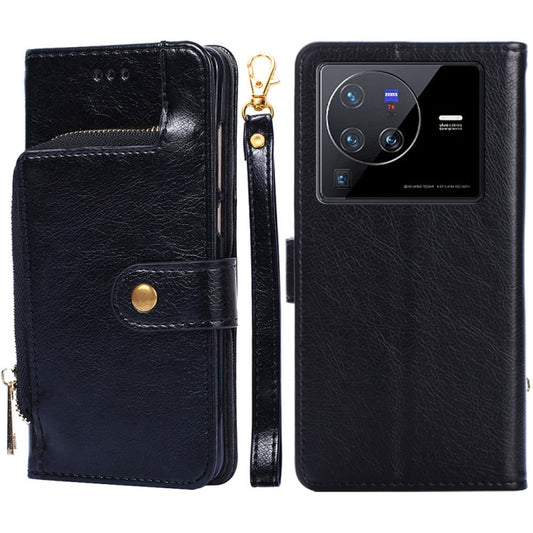 Black leather phone wallet case with zipper pouch, magnetic flap, and card slots