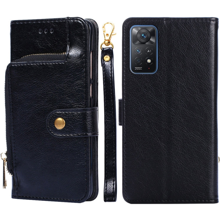 Black leather zipper phone case with flip cover, card slot, and gold zipper pull