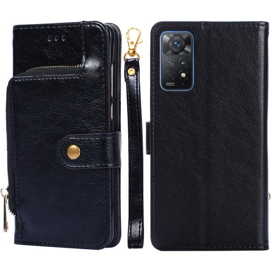 Black leather zipper phone case with flip cover, card slot, and gold zipper pull