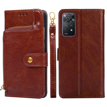 Brown leather zipper phone case with flip cover, card slot, and gold zipper pull