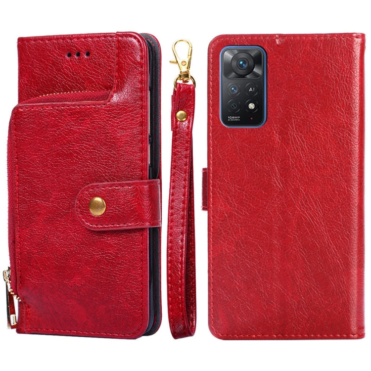 Red leather zipper phone case with flip cover, card slot, and gold zipper pull