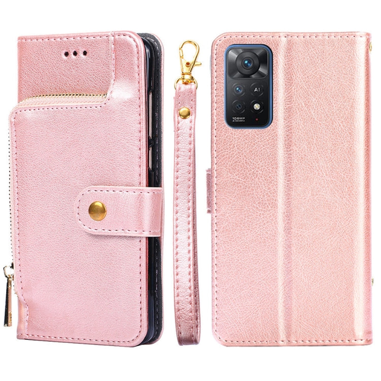 Rose gold leather zipper phone case with flip cover, card slot, and gold zipper pull